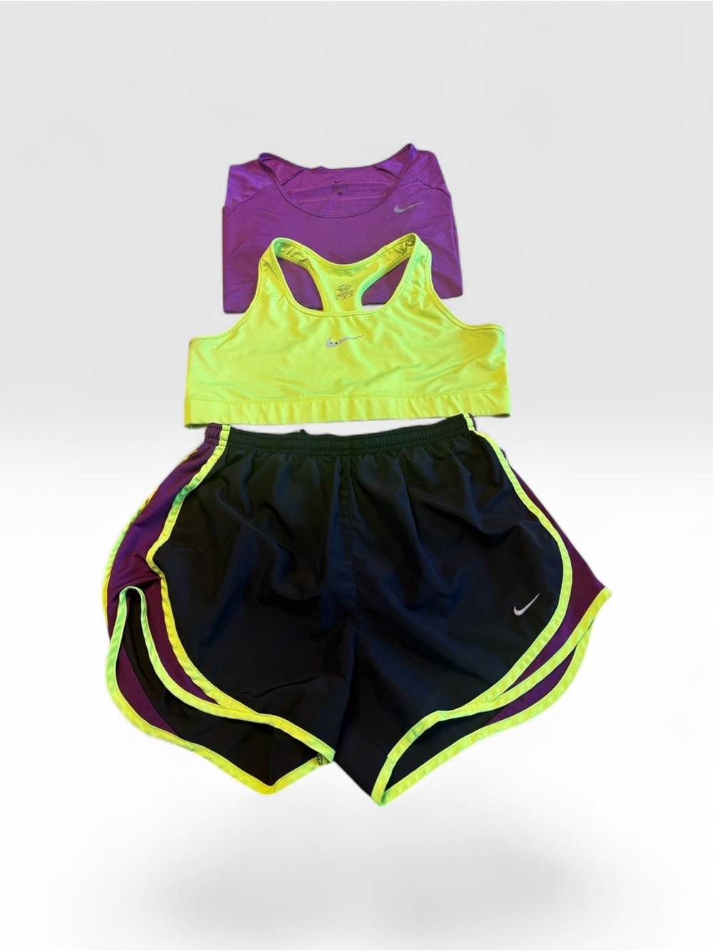 Nike Neon Yellow Sports Bra with Black Shorts & Purple Tee . Please note sizes - Picture 1 of 12
